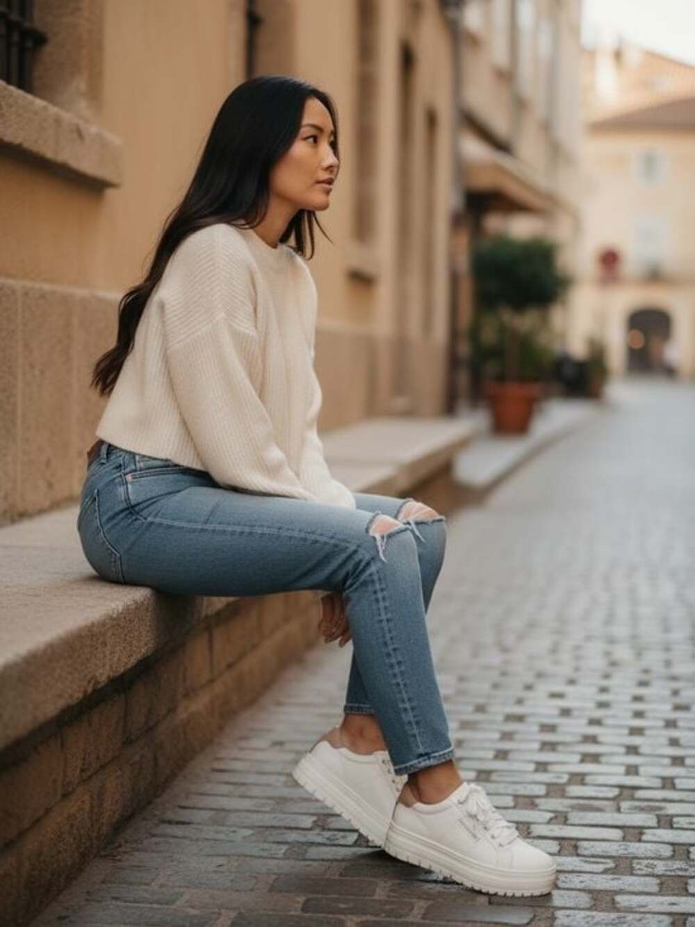 Linea Paolo White Platform Nappa Leather Sneakers with Eggshell accent - Picture 5 of 6